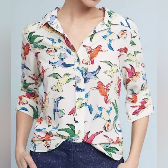 Anthropologie Tops - Anthropologie 100% Silk Potala Humming Bird Colorful button down Size US6 UK10